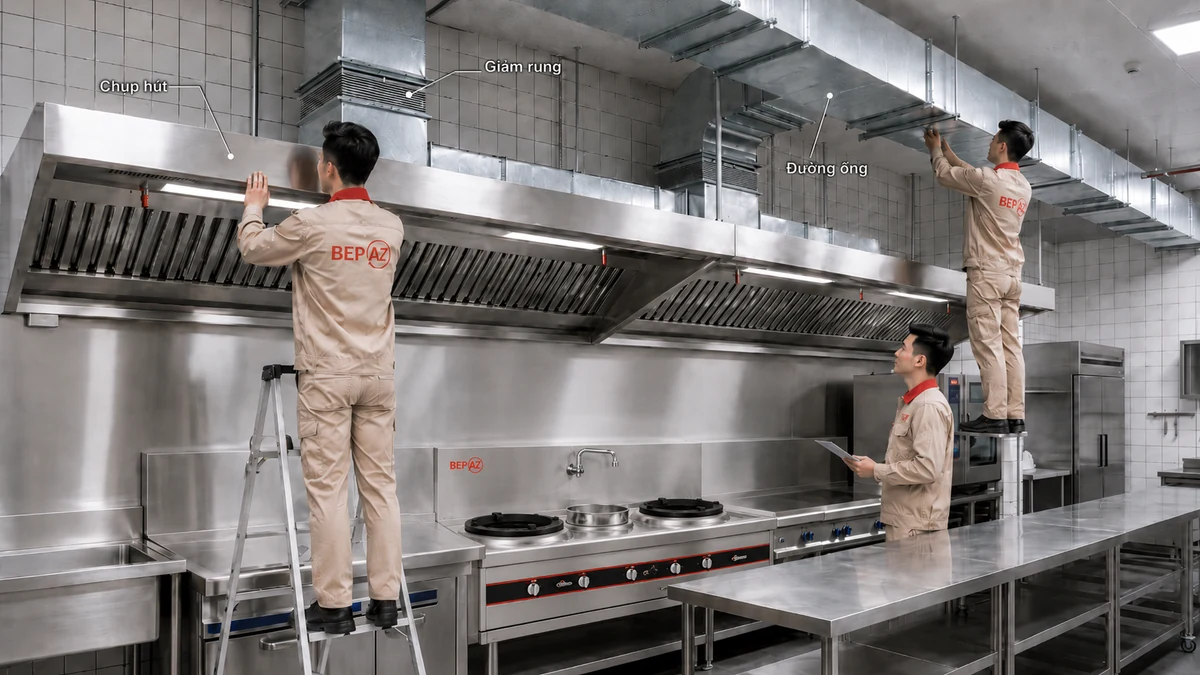 Đội ngũ BepAZ thi công hệ thống hút mùi bếp công nghiệp với chụp hút, đường ống và quạt hút.