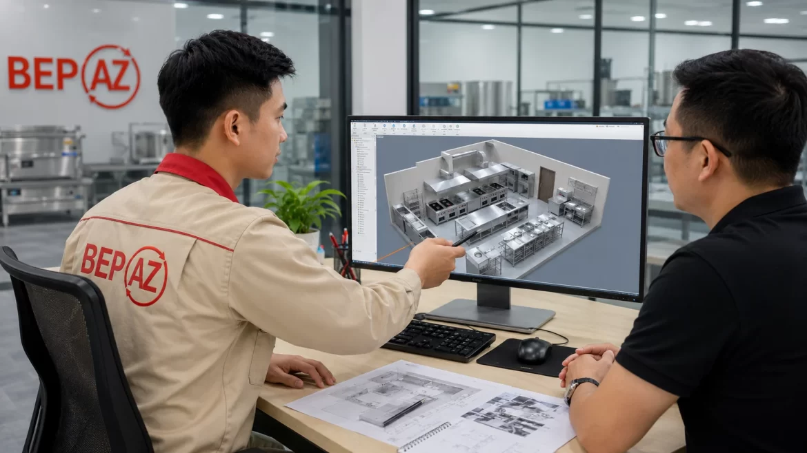 BepAZ tư vấn thiết kế bếp công nghiệp 1 chiều tối ưu luồng vận hành