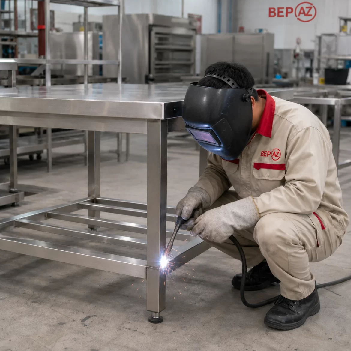 Thợ xưởng BepAZ hàn inox gia công thiết bị bếp công nghiệp