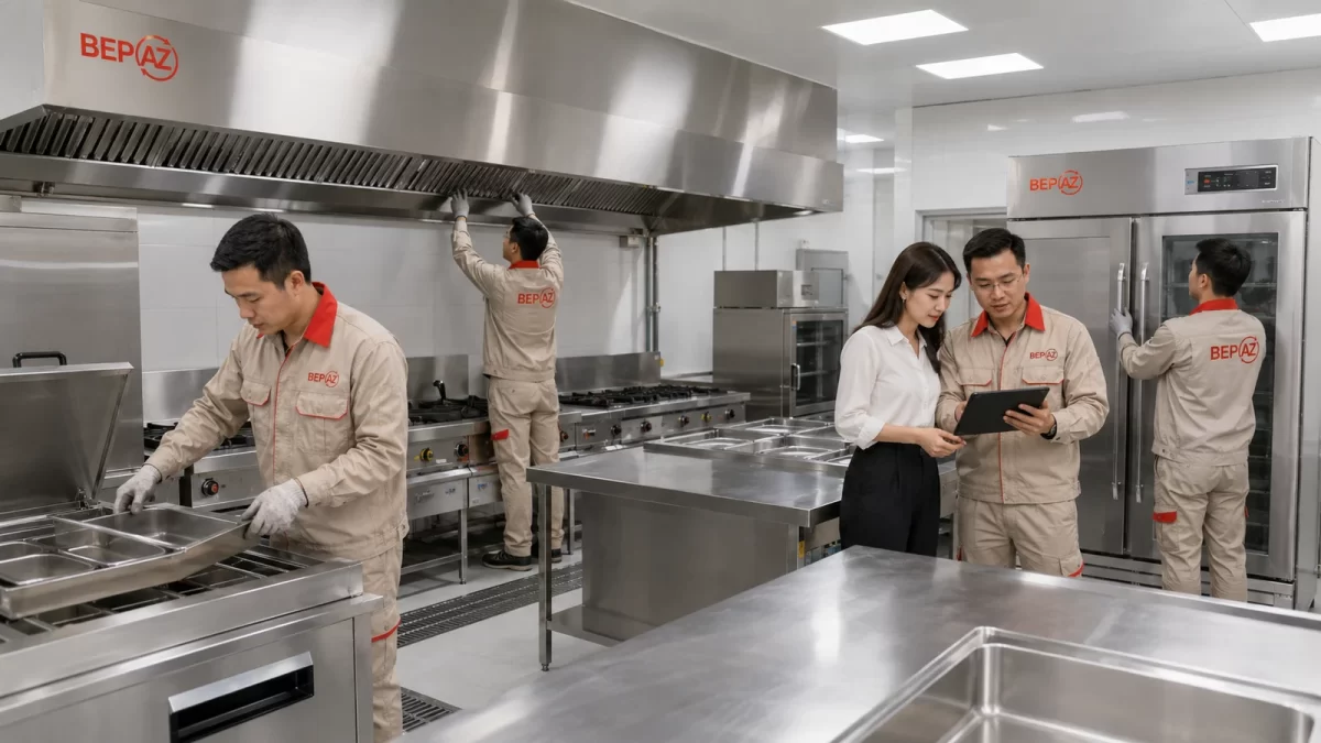BepAZ triển khai đồng bộ nhiều hạng mục bếp công nghiệp từ inox thiết bị nấu thiết bị lạnh đến hút mùi