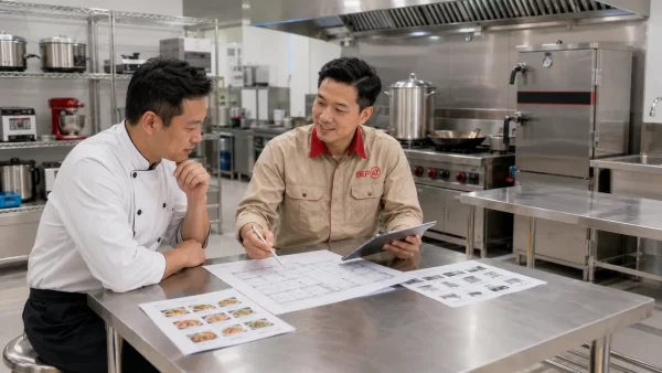 Nhân viên BepAZ tư vấn chọn thiết bị bếp công nghiệp theo menu công suất và mặt bằng