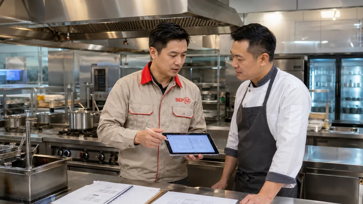 Nhân viên BepAZ tư vấn thiết bị bếp công nghiệp theo menu công suất mặt bằng và ngân sách