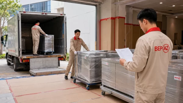 Thiết bị bếp công nghiệp được BepAZ vận chuyển và tập kết khoa học tại công trình.