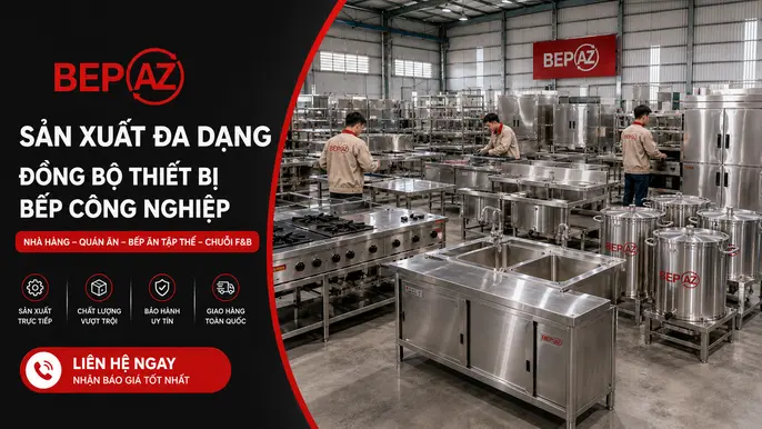 Xưởng BepAZ sản xuất đa dạng đồng bộ thiết bị bếp công nghiệp